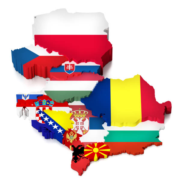 Eastern Europe countries with flags andvisible borders isolated on white.