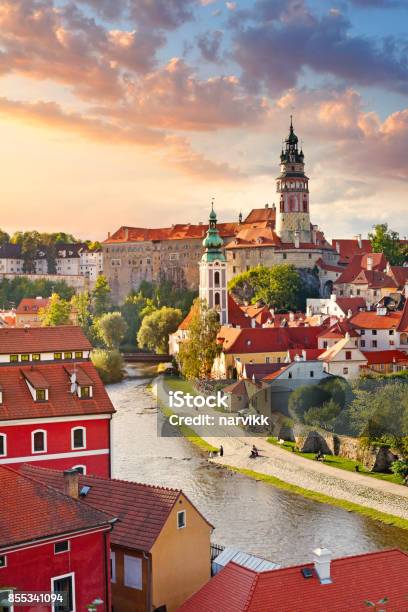 Cesky Krumlov And Vltava River Stock Photo - Download Image Now - Czech Republic, Cesky Krumlov, Sunset