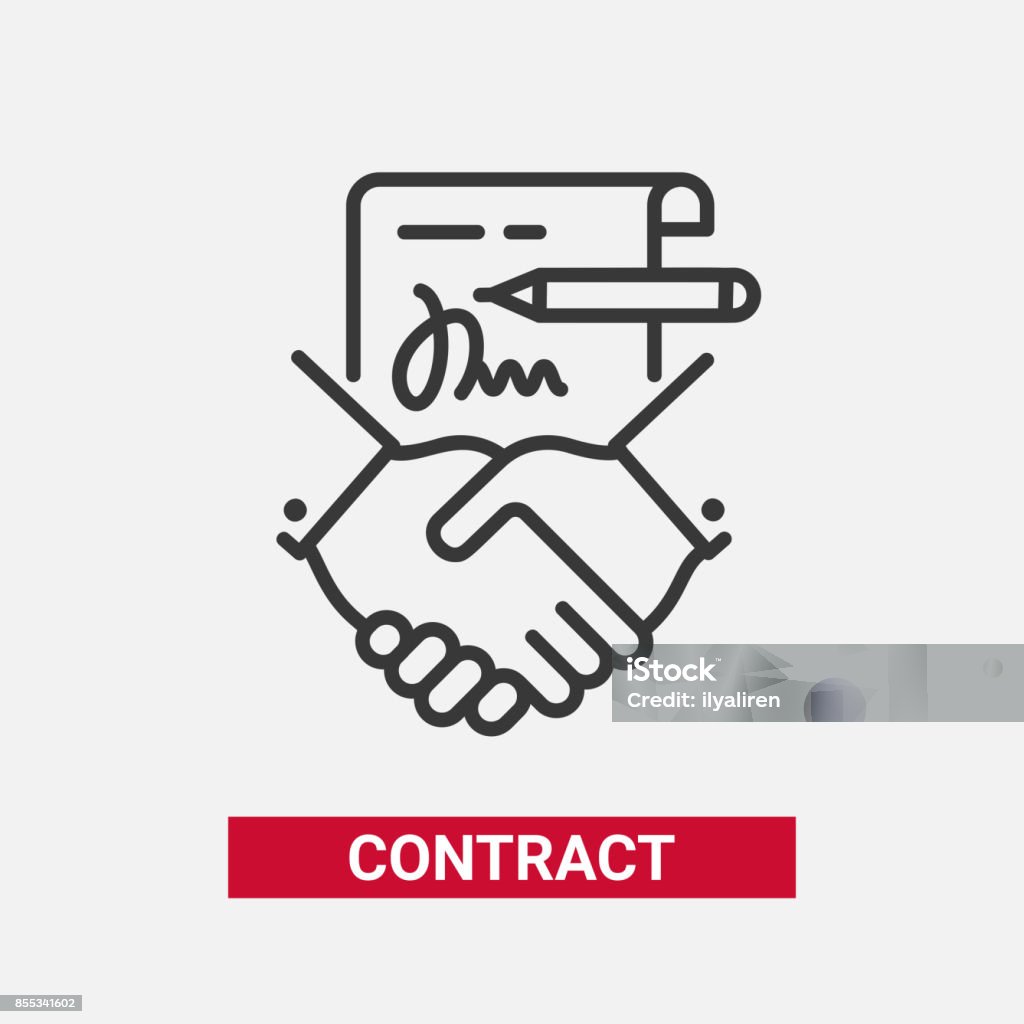 Contract - modern vector line design single icon. Contract - modern vector single line design single icon. A black and white image depicting a paper agreement, document, pencil, written signature, handshake. Business, partnership presentation. Contract stock vector