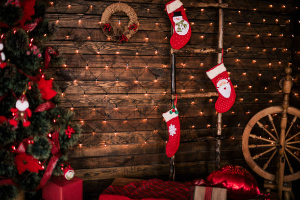 istock Decorated Christmas room with beautiful fir tree, new year background 855345182