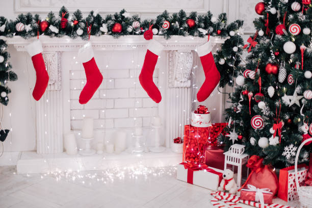 istock Decorated Christmas room with beautiful fir tree, new year background 855345340