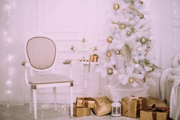 istock Decorated Christmas room with beautiful fir tree, new year background 855345596