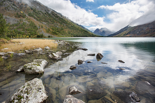 Medial Multinskiye lake, Altai mountains, Russia. Autumn landscape