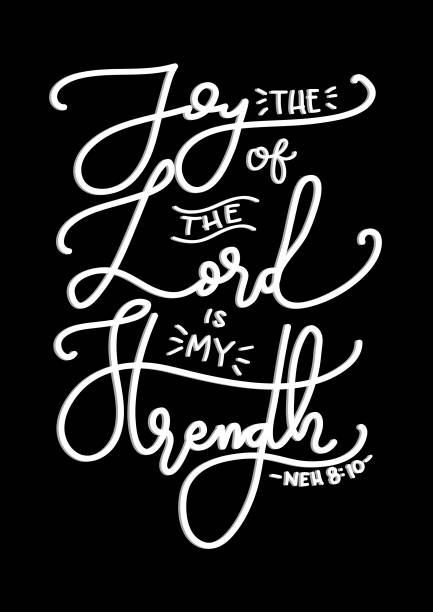 The Joy Of The Lord Is My Strength Hand Lettering The Joy Of The Lord Is My Strength On Black Background. Hand Lettered Quote. Modern Calligraphy. Inspirational Motivational Quote praise and worship stock illustrations