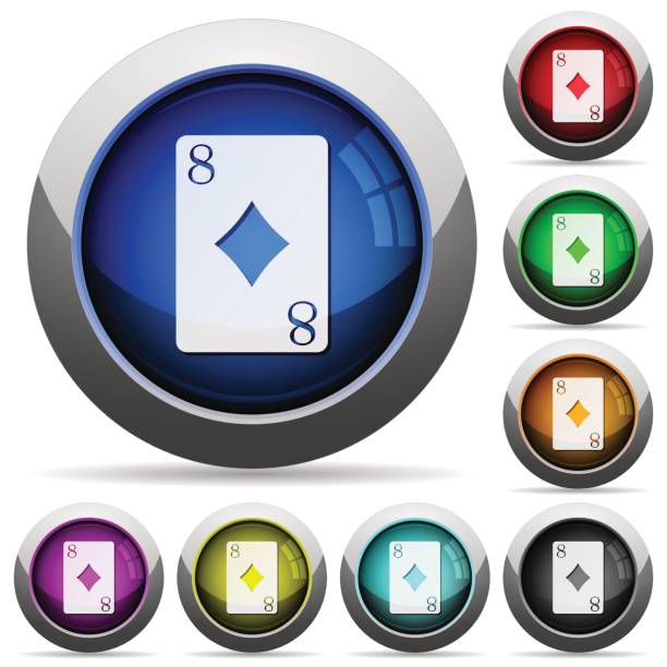 8 다이아몬드 카드의 광택 있는 버튼 라운드 - rummy leisure games number color image stock illustrations