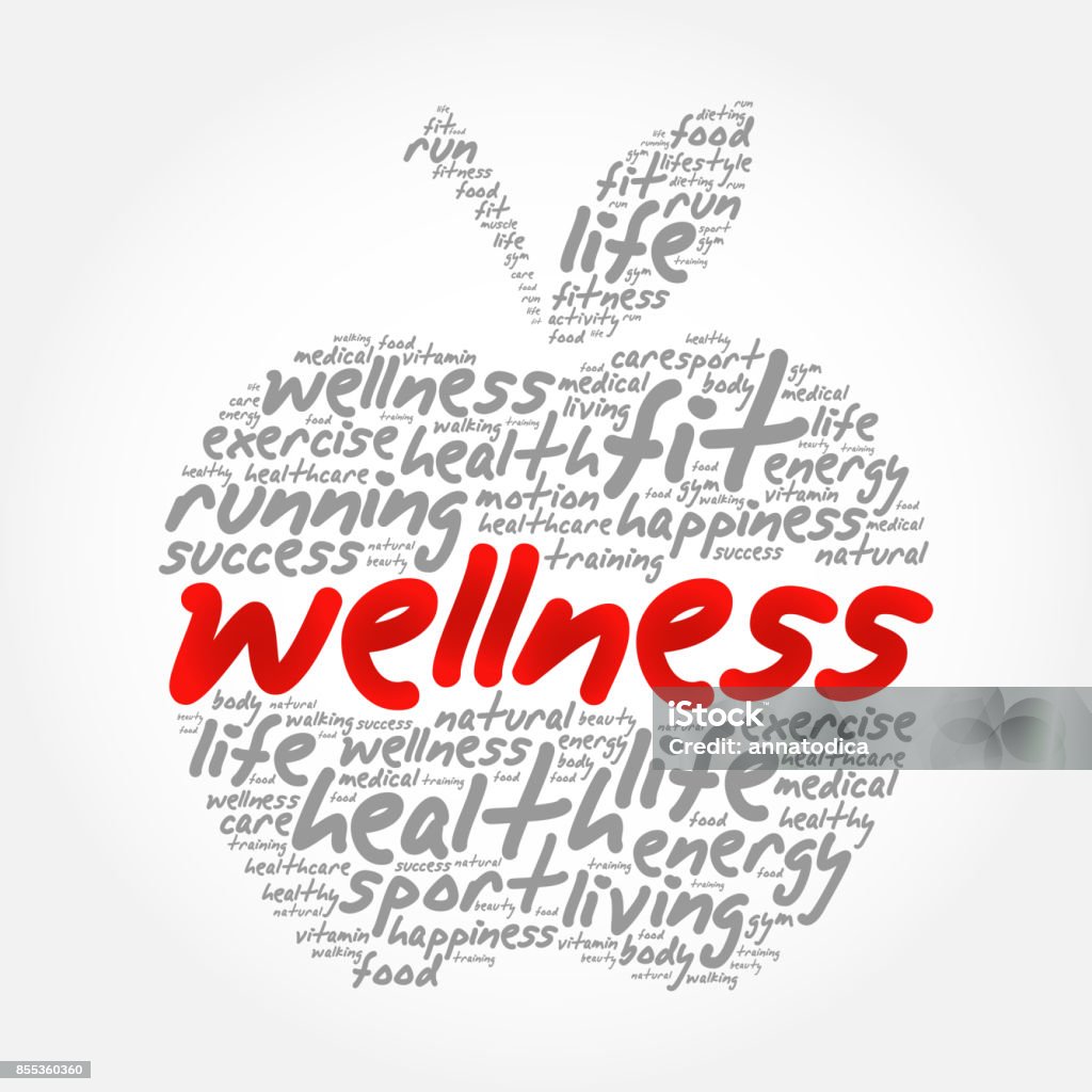Wellness apple word cloud collage Wellness apple word cloud collage, health concept background Wellbeing stock illustration