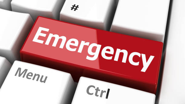 Computer keyboard Emergency Emergency key on the computer keyboard, three-dimensional rendering, 3D illustration emergency response workplace stock pictures, royalty-free photos & images