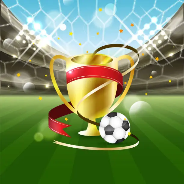 Vector illustration of Football stadium with a ball and gold cup with ribbons.
