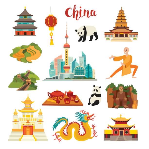 illustrazioni stock, clip art, cartoni animati e icone di tendenza di set di icone vettoriali dei punti di riferimento della cina - asia travel traditional culture people