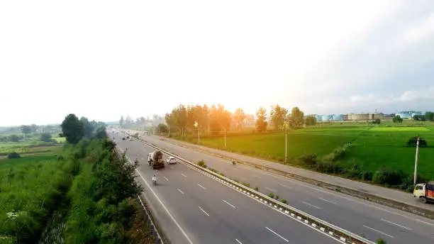 Highway elevated view in rural area the shot is taken using drone camera.