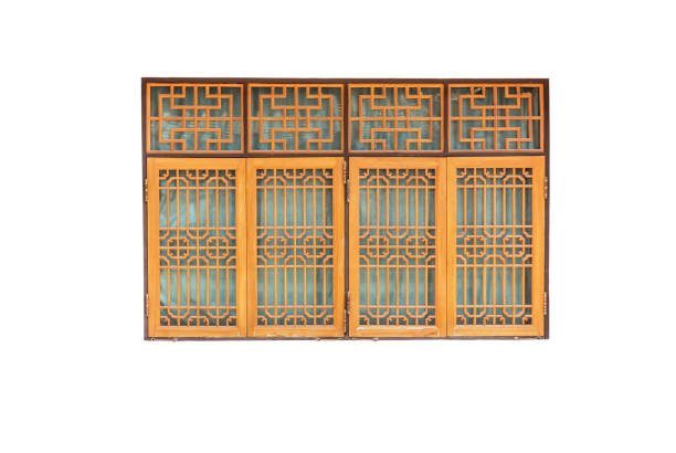 Chinese wooden window on white background with clipping path. stock photo