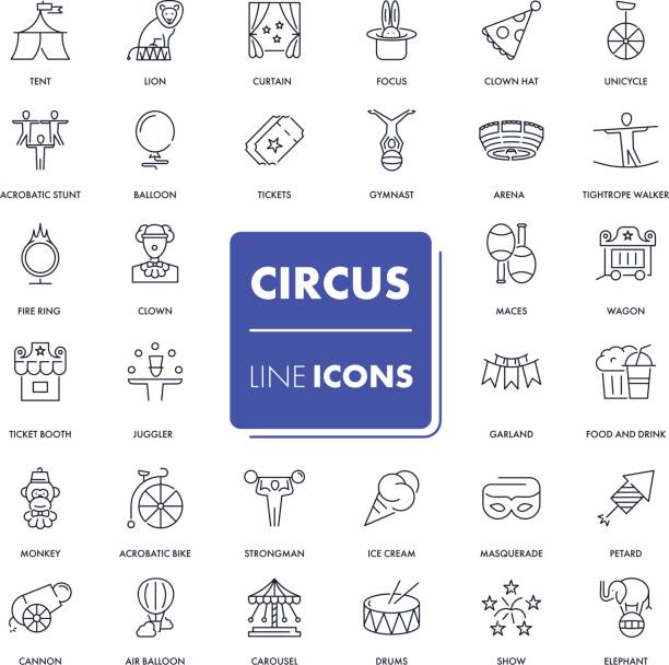 zeile icons set. zirkus - gehen sportdisziplin stock-grafiken, -clipart, -cartoons und -symbole