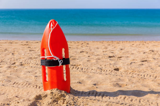 istock Orange buoy stands in sand on beach 855405624