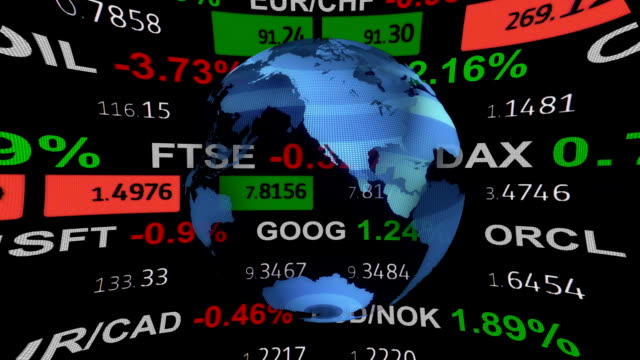 forex stock market ticker board tape news and hud holographic earth globe on black background - new quality financial business animated dynamic motion video footage
