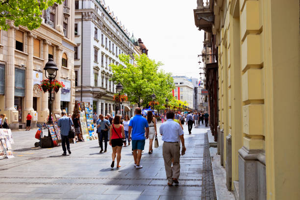 Knez Mihailova street in Belgrade Belgrade, Serbia - Jun 8, 2015: Knez Mihailova Street is the main pedestrian and shopping zone in Belgrade, and is protected by law as one of the oldest and most valuable landmarks of the city. Many locals and tourist walk in this street every day. Knez Mihailova street is full of shops and restaurants. knez mihailova stock pictures, royalty-free photos & images