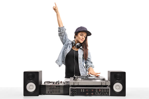 Female DJ playing music on a turntable Female DJ playing music on a turntable isolated on white background dj stock pictures, royalty-free photos & images