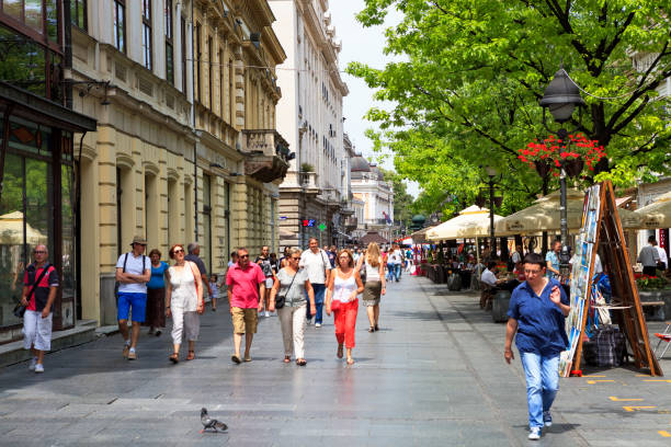 Knez Mihailova street in Belgrade Belgrade, Serbia - Jun 8, 2015: Knez Mihailova Street is the main pedestrian and shopping zone in Belgrade, and is protected by law as one of the oldest and most valuable landmarks of the city. Many locals and tourist walk in this street every day. Knez Mihailova street is full of shops and restaurants. knez mihailova stock pictures, royalty-free photos & images