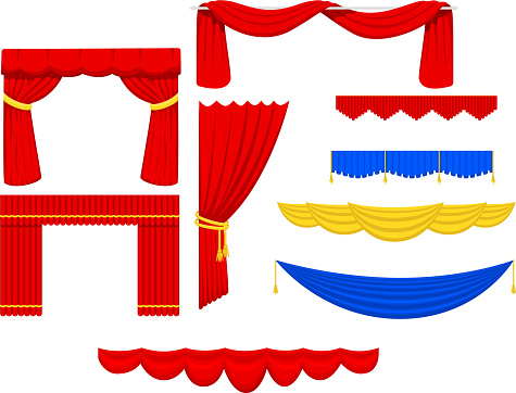 Theather scene blind curtain stage fabric texture performance interior cloth entrance backdrop isolated vector illustration. Presentation velvet luxury show boards elegant decor