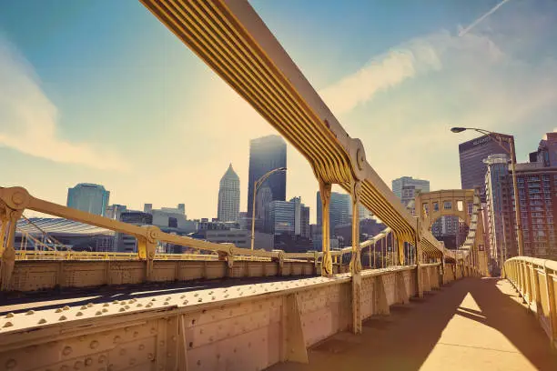 A morning view of Pittsburgh, PA, USA from the Andy Warhol Bridge.