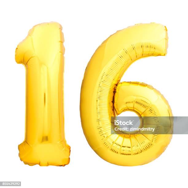 Golden Number 16 Sixteen Made Of Inflatable Balloon Stock Photo - Download Image Now