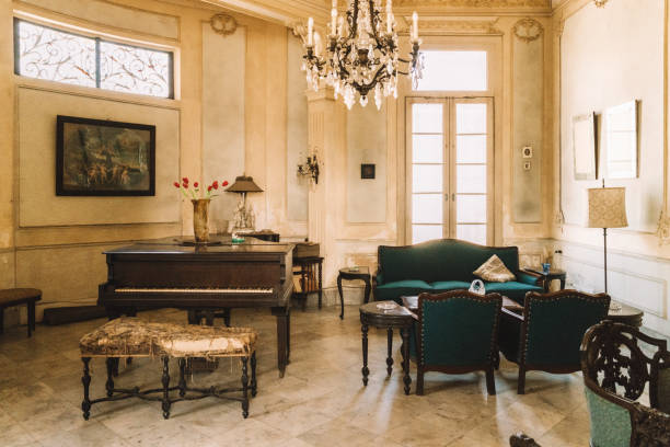 interior of colonial villa in havana - piano interior imagens e fotografias de stock