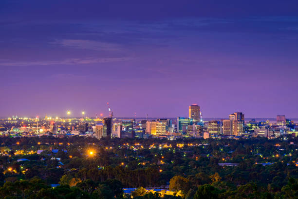 Adelaide city skyline Adelaide city twilight view from the hills, South Australia adelaide stock pictures, royalty-free photos & images