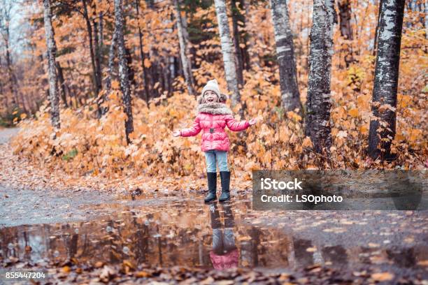 Kid Girl In Autumne Season Wearing A Hat Stock Photo - Download Image Now - 4-5 Years, Arts Culture and Entertainment, Autumn