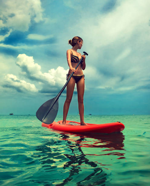 joven mujer delgada en el paddleboard. deporte activo estilo de vida y el agua. - bikini surfboard women surfing fotografías e imágenes de stock