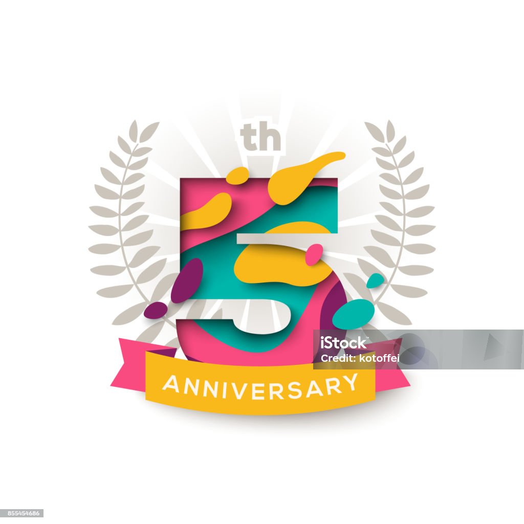 Five years anniversary Five years anniversary celebration background with abstract paper cut shapes and ribbon isolated on white. Poster, greeting card and brochure template. Vector illustration. Laurel wreath 4-5 Years stock vector