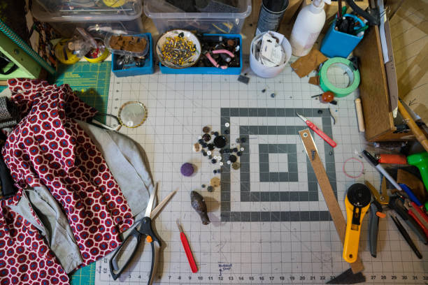 Overhead view of a sewing station
