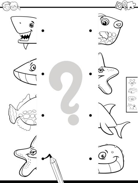일치 하는 동물 반 색칠 공부 - sea life centre stock illustrations