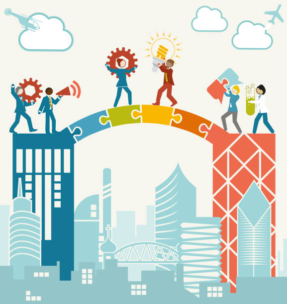 Merging Business Team Businessmen and women carrying objects such as a cog, a megaphone, a lightbulb,  jigsaw pieces and a test tube with green liquid in, over a jigsaw bridge linking to buildings. bridge stock illustrations
