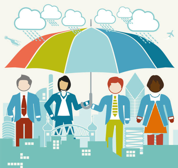 ilustrações de stock, clip art, desenhos animados e ícones de risk awareness - protection umbrella people stick figure