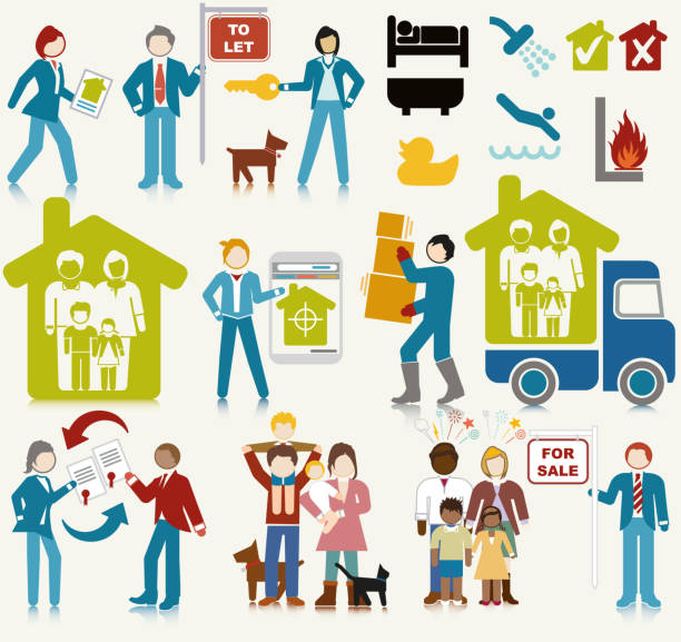 Housing Market Icon set of different house moving concepts for sale sign information sign information symbol stock illustrations