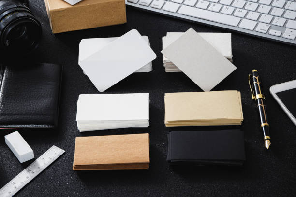 istock Blank business card mock up black background for use us contact information design templete 855468294