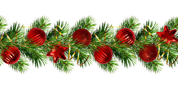 istock Christmas garland from pine tree twigs and red balls 855472114