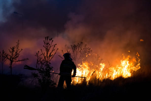 istock Firefighter fighting bush fire in the evening. 855472214