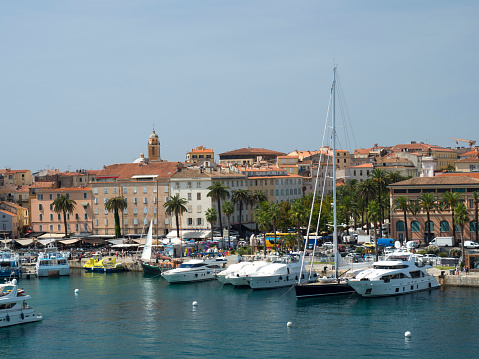 Ajaccio harbor with moored yachts and pleasure boats, Corsica island, France