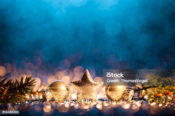 Christmas Decoration Defocused Gold Blue Bokeh Stock Photo - Download Image Now - Christmas, Backgrounds, Blue