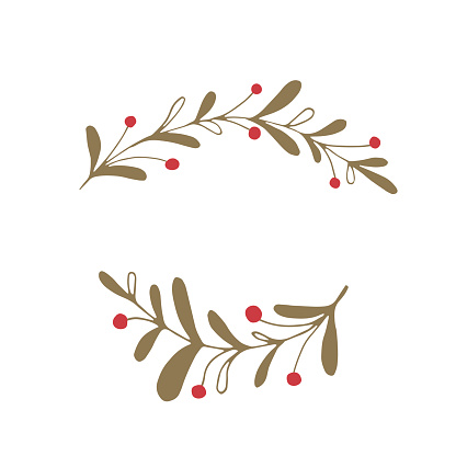 Vector hand drawn isolated floral elements, branches with berries. Simple modern design, scandinavian style. For holiday cards, decorations, templates. Part of a large winter collection.
