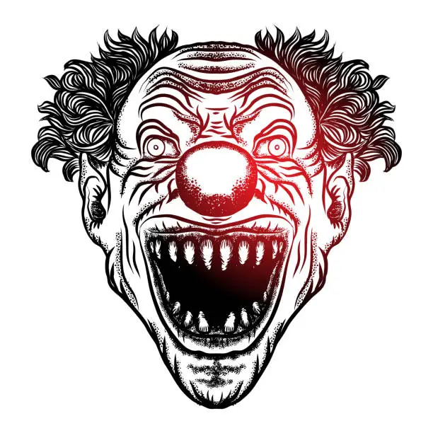 Vector illustration of Scary cartoon clown illustration. Blackwork adult flesh tattoo concept. Horror movie zombie clown face character. Vector.