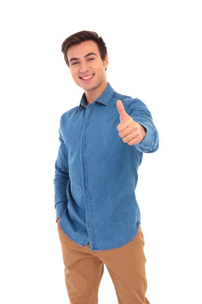 young man in jeans shirt making the ok gesture