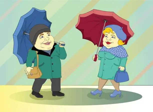 Vector illustration of Fat people was found in autumn in the rain