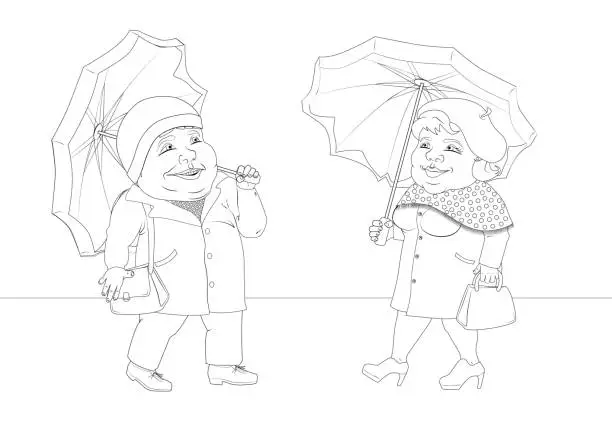 Vector illustration of Fat people was found in autumn in the rain, Black and white image