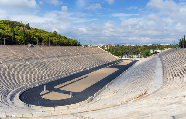 the panathenaic stadium, it hosted the first modern olympics in 1896, athens, greece. - 1896 imagens e fotografias de stock