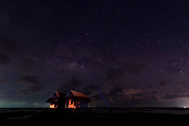 istock Milky Way Galaxy over old hut at night sky,Thailand 855504128