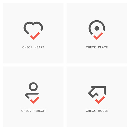 Check mark set. Heart, place pointer, person and house or home with tick or checkmark symbol - love, health, position, realty, employment and estate agency icons.