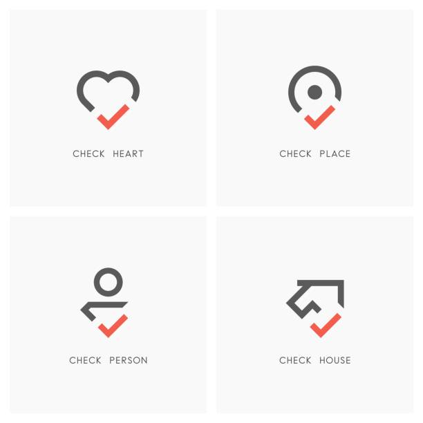 Check mark set 01 Check mark set. Heart, place pointer, person and house or home with tick or checkmark symbol - love, health, position, realty, employment and estate agency icons. rental property management stock illustrations