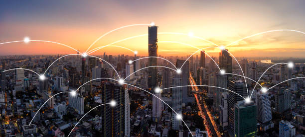 istock Panorama City skyline with network connection concept 855515572