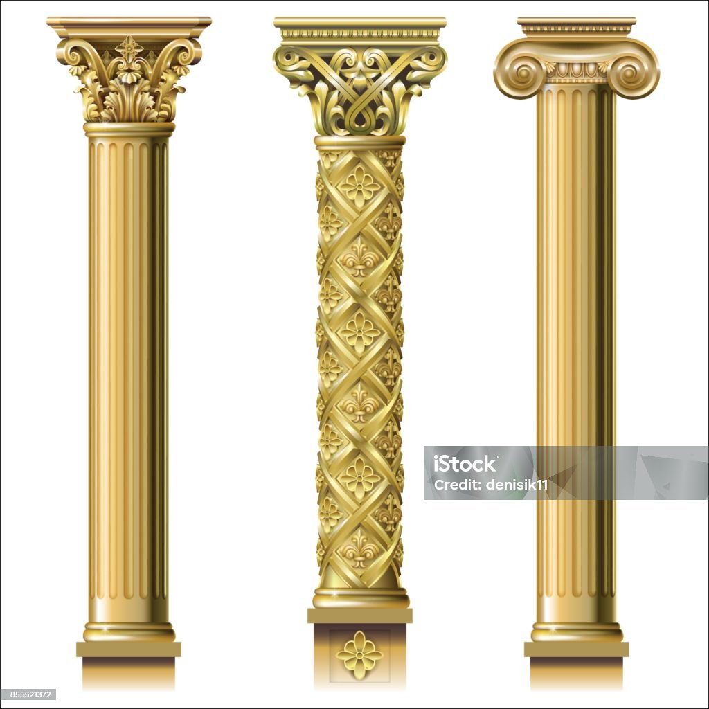 Set of classic gold columns Set of classic gold columns in different styles. Vector graphics Architectural Column stock vector